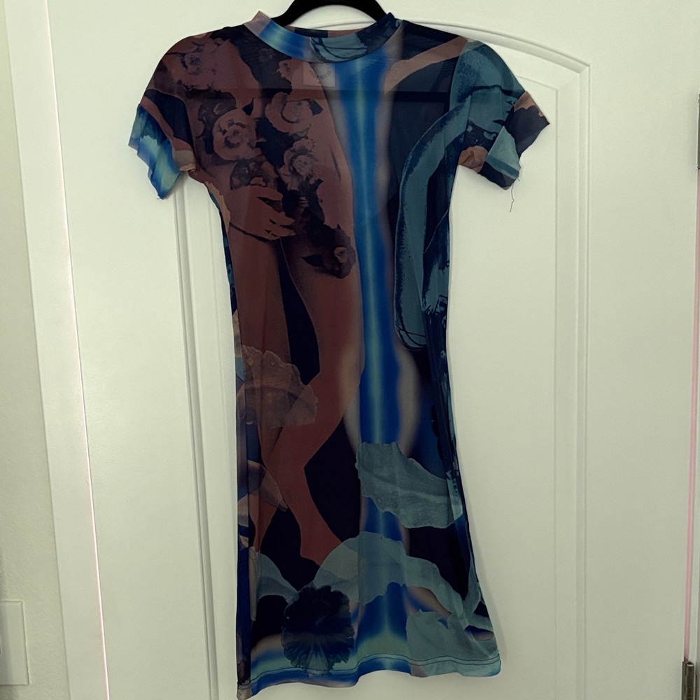 Blue & Brown Abstract Print Short Sleeve Dress